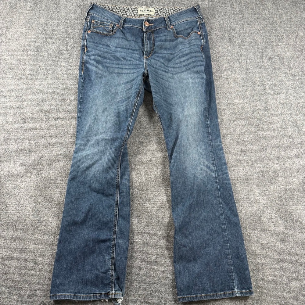 Ariat REAL Jeans Womens 33R Blue Mid Rise Bootcut Western Denim Distressed Hems